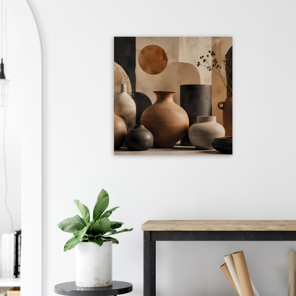 Gerahmtes Wandbild/Poster mit Keramikvasen-Illustration in Terrakotta und Beige