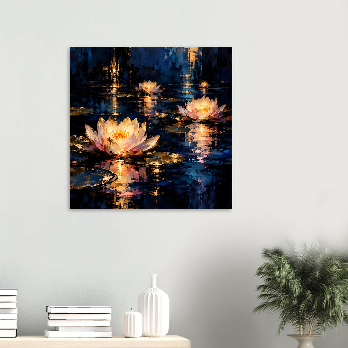 Kleines Blumenposter mit zwei Seerosen und goldenen Spiegelungen auf blauem Grund