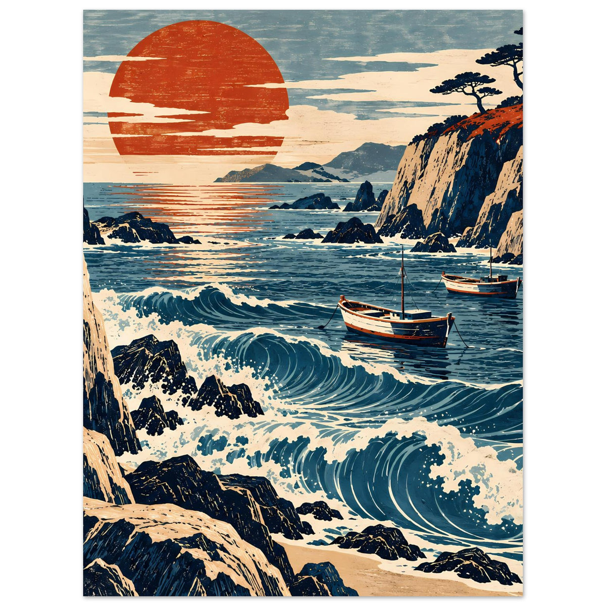 Meerblick-Poster im Hochformat mit Wellen, Felsenküste, Segelbooten und roter Sonne