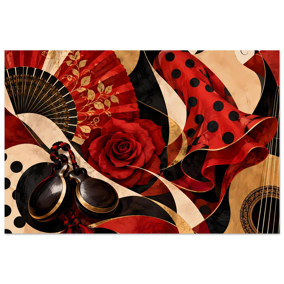 Flamenco-Eleganz Poster mit Fächer links, roter Rose in der Mitte, Gitarrenrand