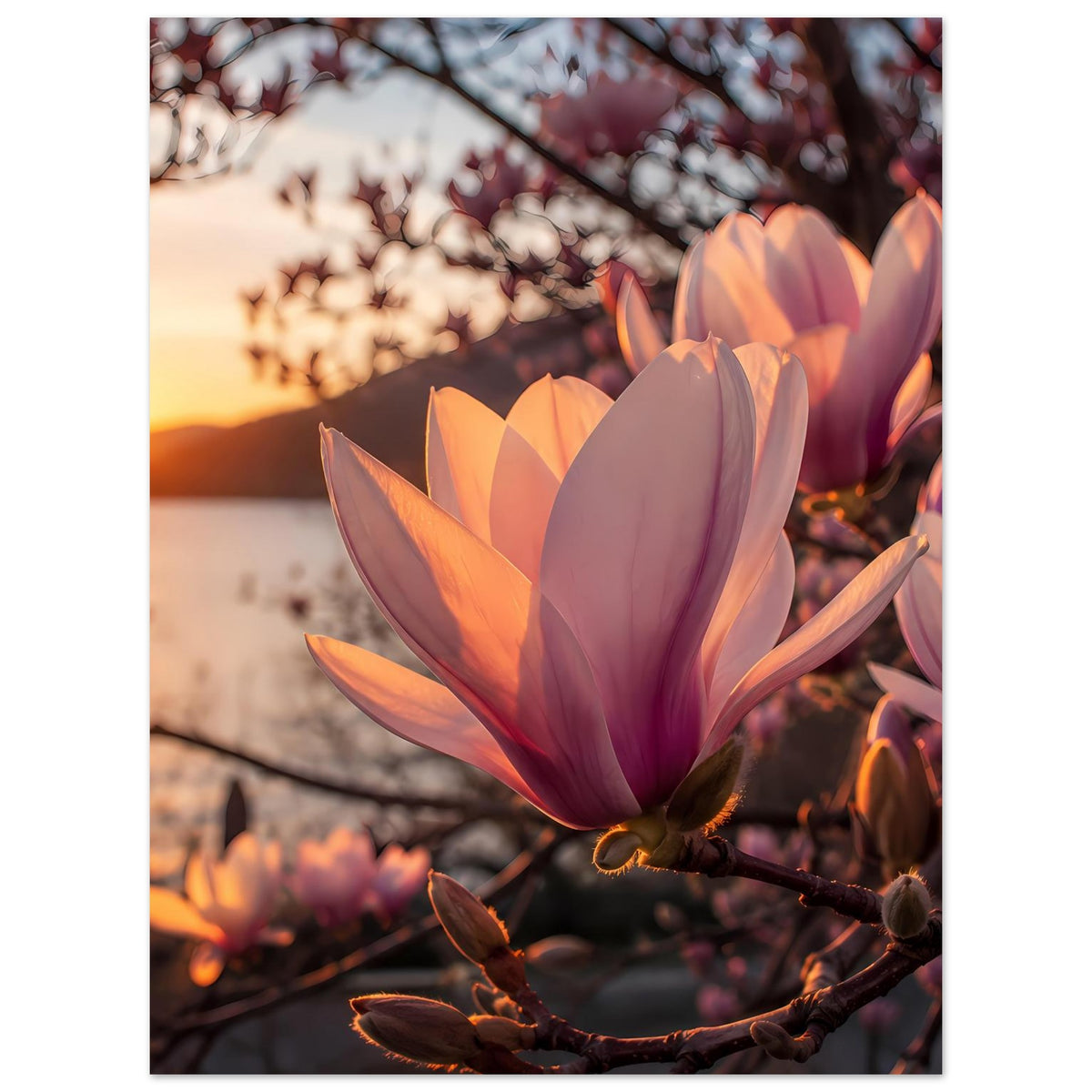 Blumenposter: Magnolienblüten in Rosa und Violett an einem verzweigten Ast