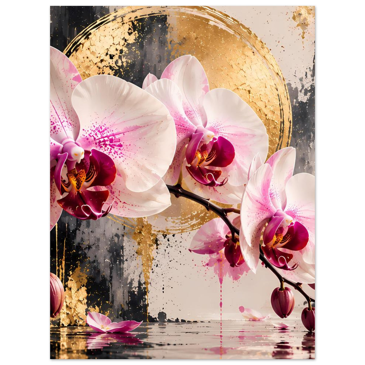 Orchideen-Poster mit weißrosa Blüten auf Zweig, goldener Halbmondakzent