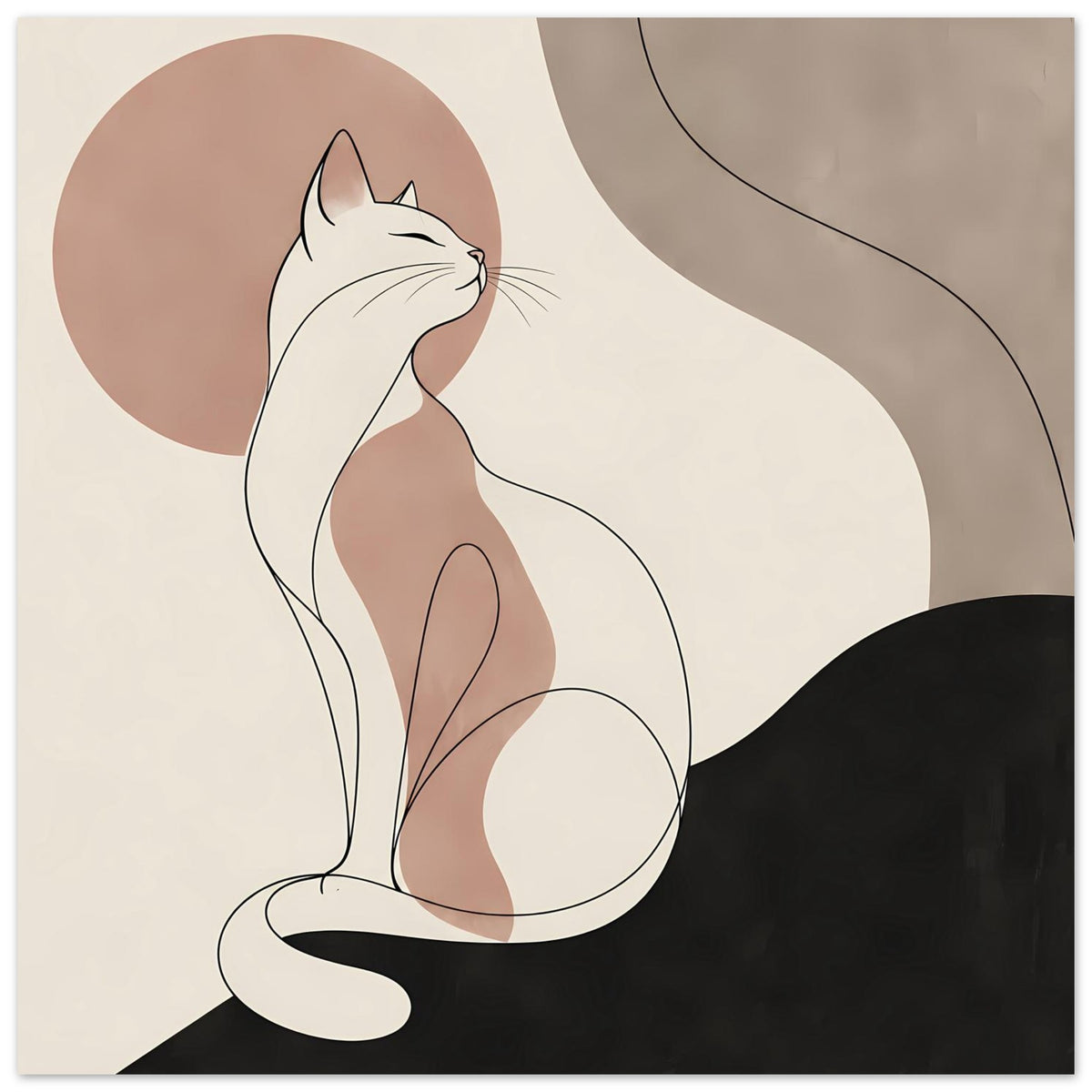 Poster mit minimalistischer Katzensilhouette, sitzende Katze mit Schwanz und schwarzen Flächen