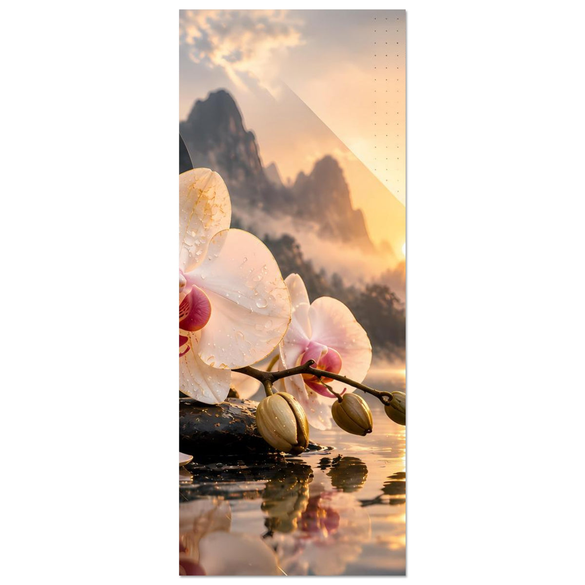Vertikales Orchideenposter mit weißen Blüten, Felsenrand und Sonnenuntergang über dem See.