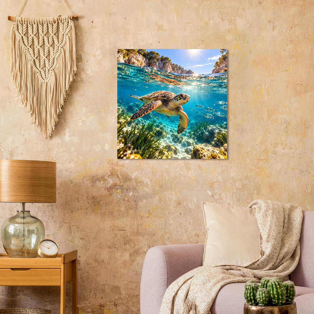 Quadratisches Wandposter mit Schildkröte beim Schwimmen zwischen Wasserpflanzen