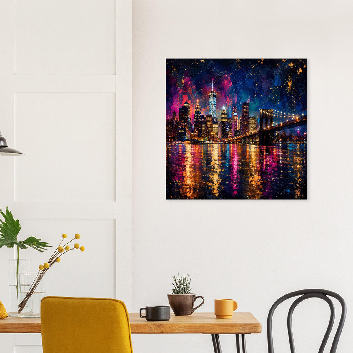 Quadratisches Stadtposter mit nächtlicher Stadtansicht, Hängebrücke und Lichtern im Wasser