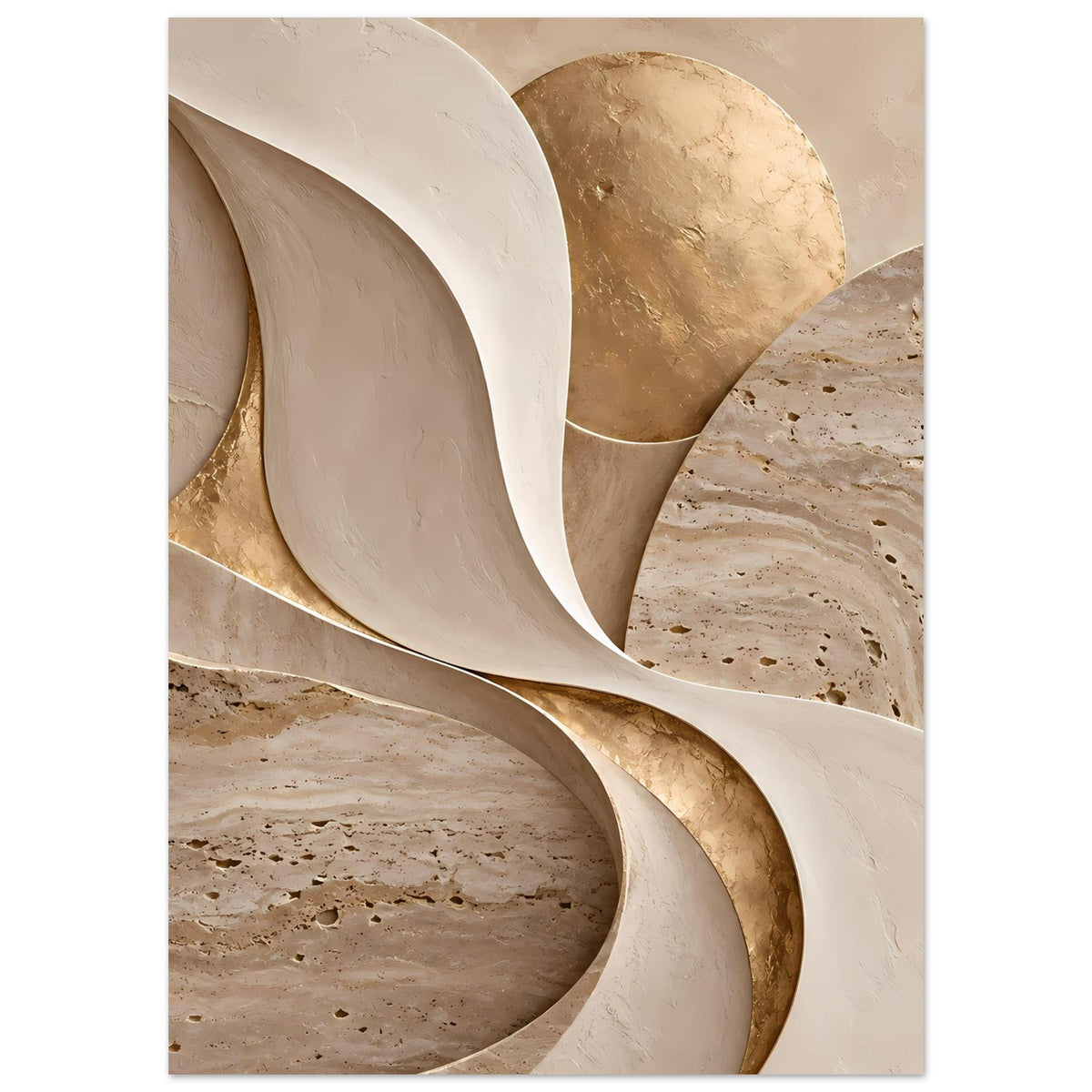 Kunstposter mit goldenen Schattenlinien, beigen Segmenten und wellenförmigen Bögen