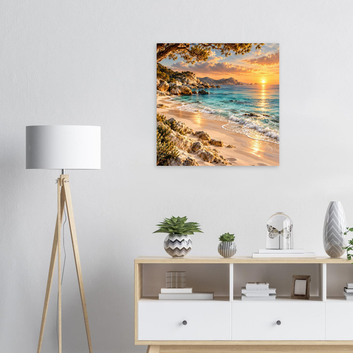 Quadratisches Poster mit Strandlandschaft und Sonnenuntergang am Meer