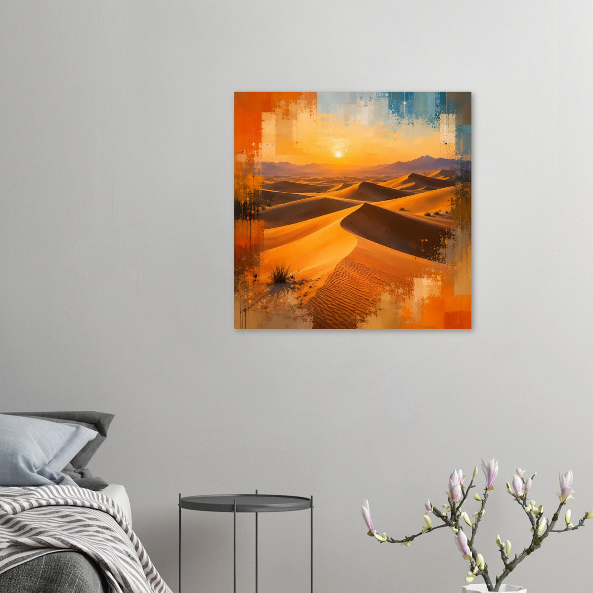 Poster mit Wüstenlandschaft bei Sonnenuntergang, warme Erdtöne und Dünen