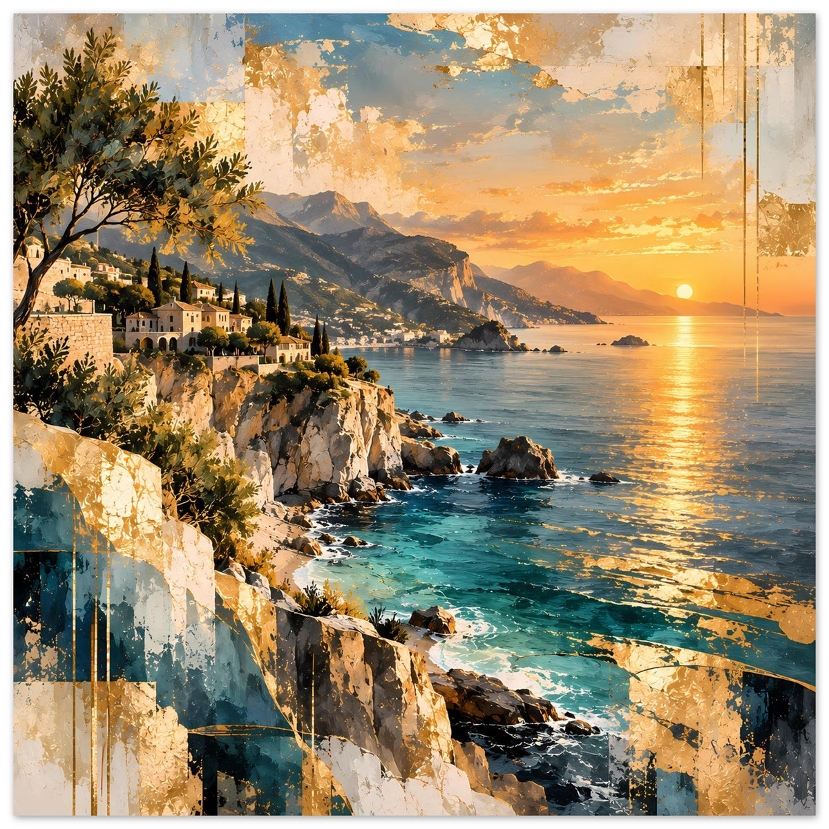 Küstenposter mit Klippen, türkisfarbenem Meer und mediterranem Ort beim Sonnenuntergang