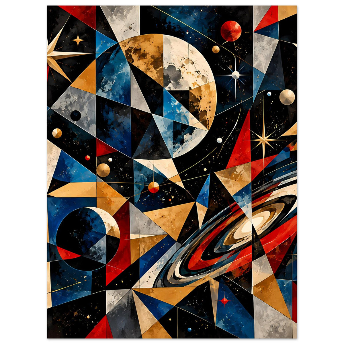Wandposter mit Raum-Pattern: Planeten, Sterne und geometrische Dreiecke in Blau, Rot und goldenen Tönen.