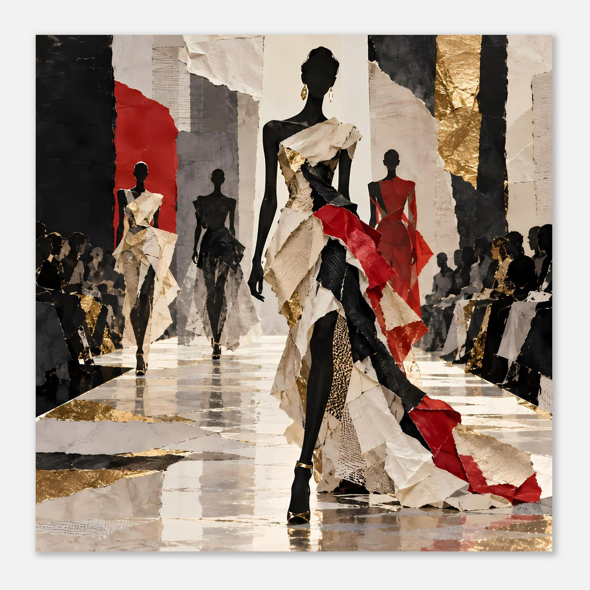 Modeposter mit Laufstegszene, schwarze und rote Models, goldene Textur im Hintergrund