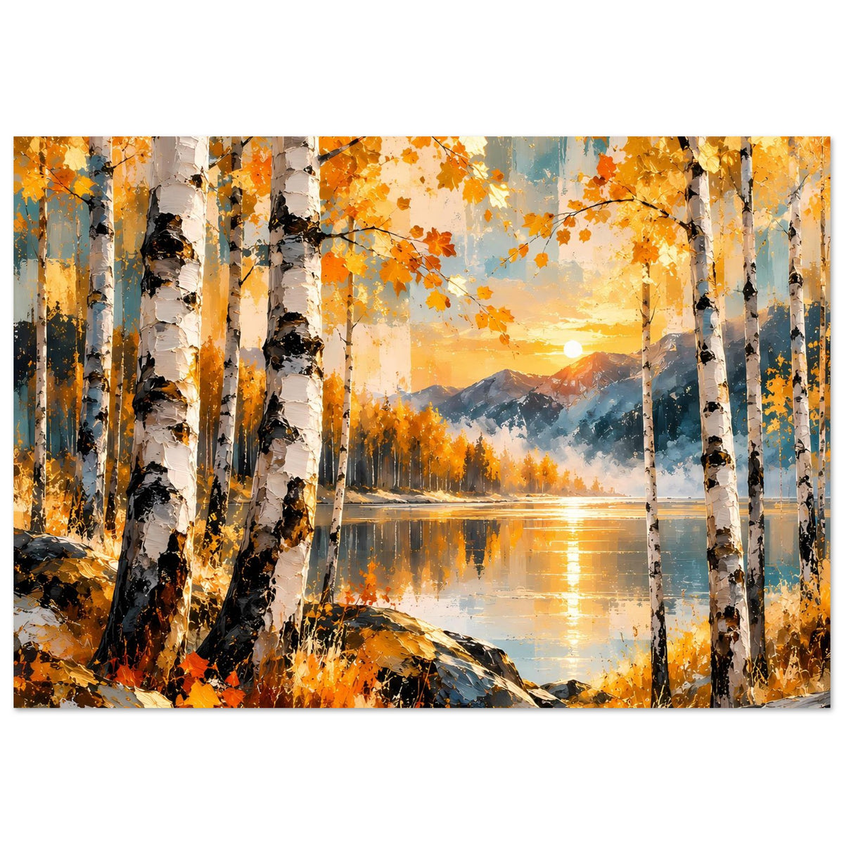 Herbstposter Panorama: Birken, orange Laub und See mit Lichtreflex sowie Fels im Vordergrund