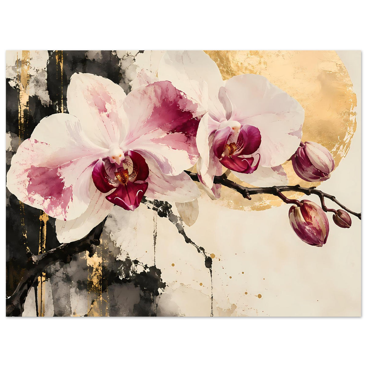 Orchideenblüten-Poster, Nahansicht: große weiße und pinke Blüten mit goldenen Akzenten