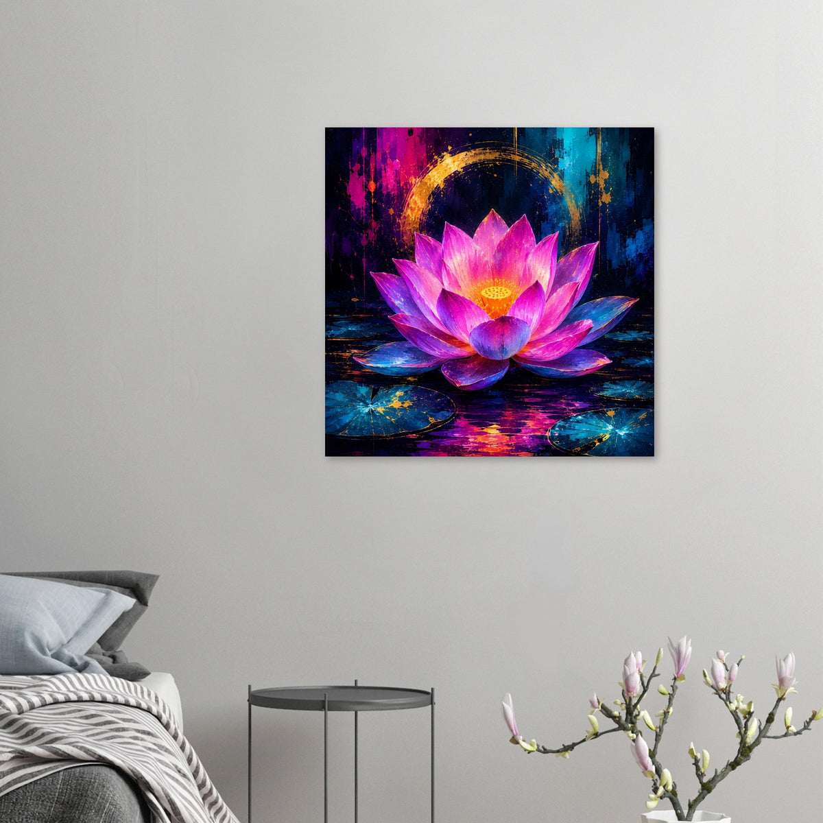 Kleines Blumenposter: Lotusblüte in Rosa und Violett mit goldener Aura