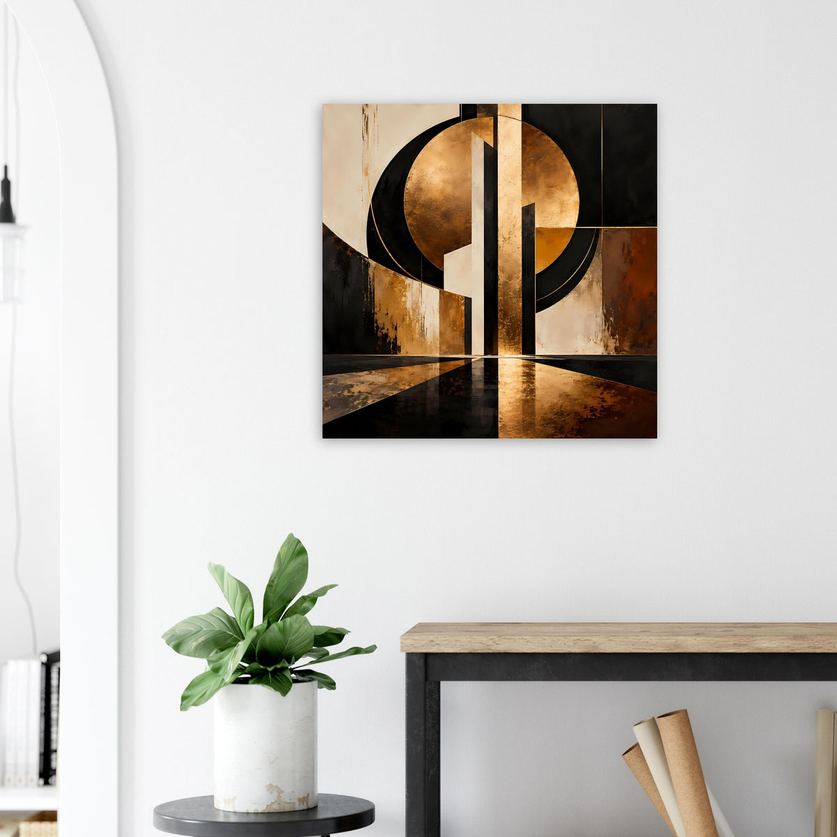 Gold-schwarzes Abstraktposter mit Kreisringen, überlappenden Flächen und Mittelstreifen