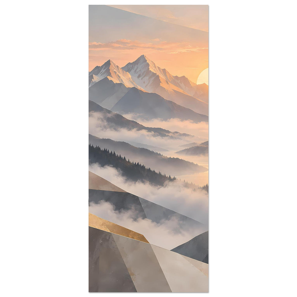 Vertikales Wandposter mit Bergsonnenaufgang, Pastellfarben und goldfarbenem Akzentstreifen