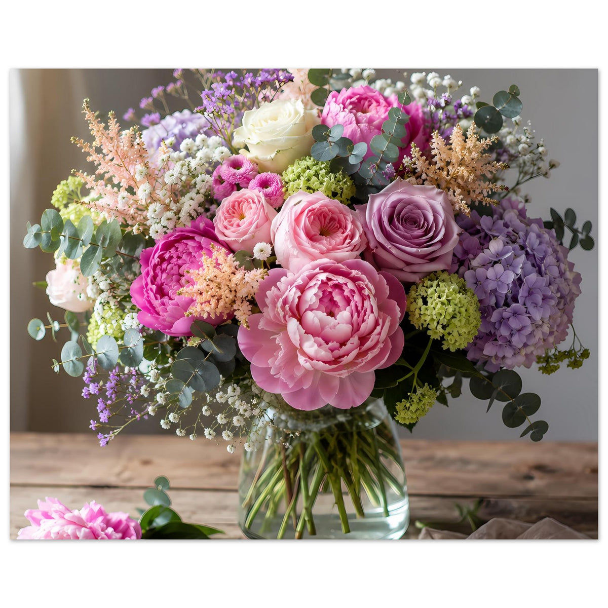 Blumenposter im Querformat: Pastell-Bouquet aus Rosen, Hortensien und Eukalyptus in Glasvase