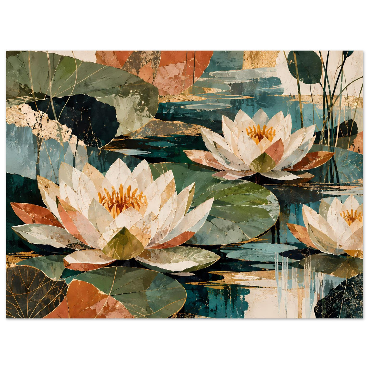Botanisches Poster mit Wasserlilien, große cremefarbene Blüten, orange Mitte, grüne Blätter, abstrakt