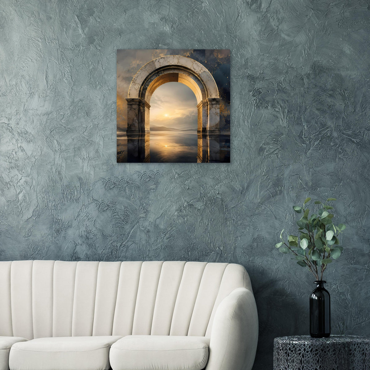 Poster mit Gewölbebogen aus Marmor über ruhiger Wasserlandschaft mit goldenem Licht