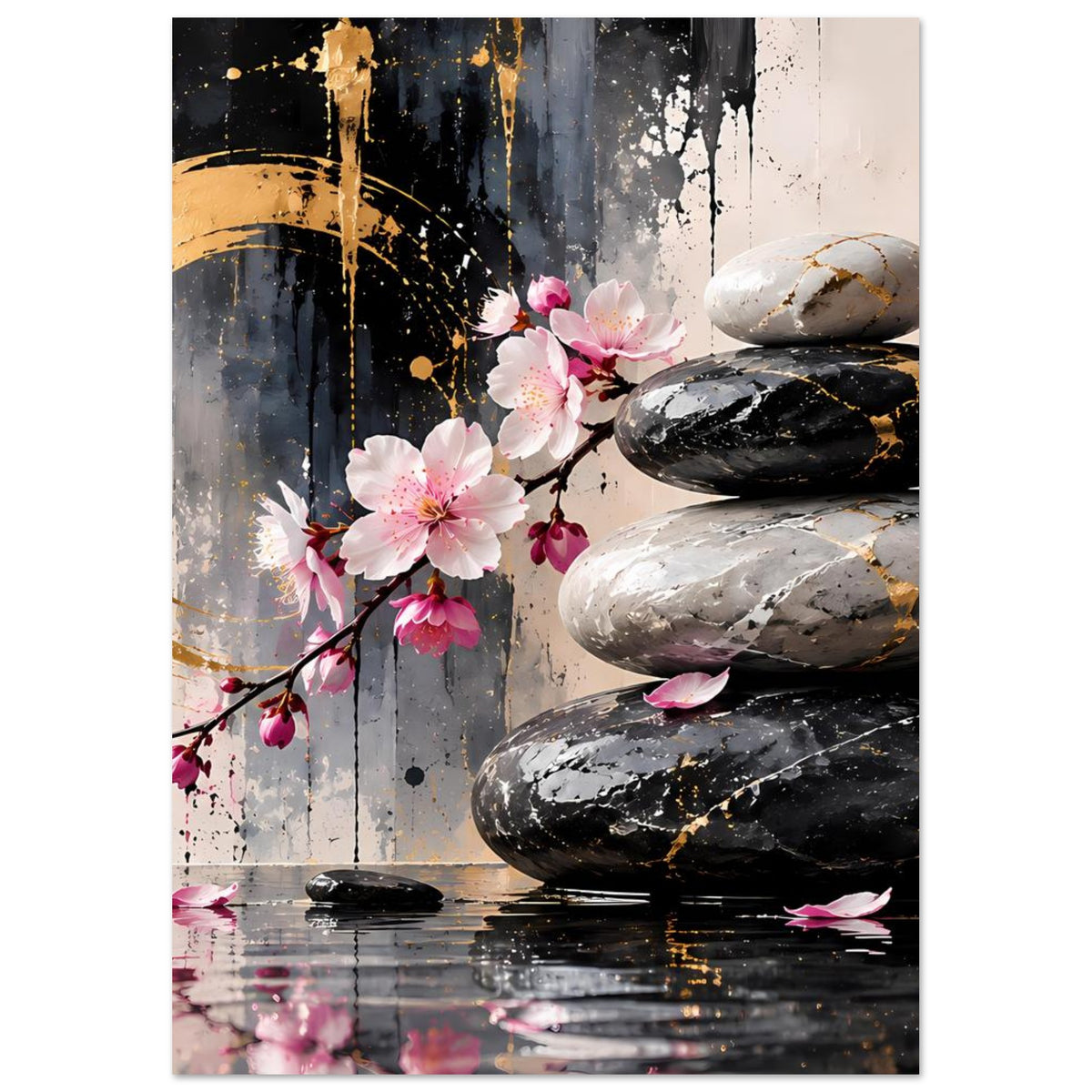 Poster mit Kirschblüten und Zen-Steinen, goldene Spritzakzente und reflektierender Bodenfläche