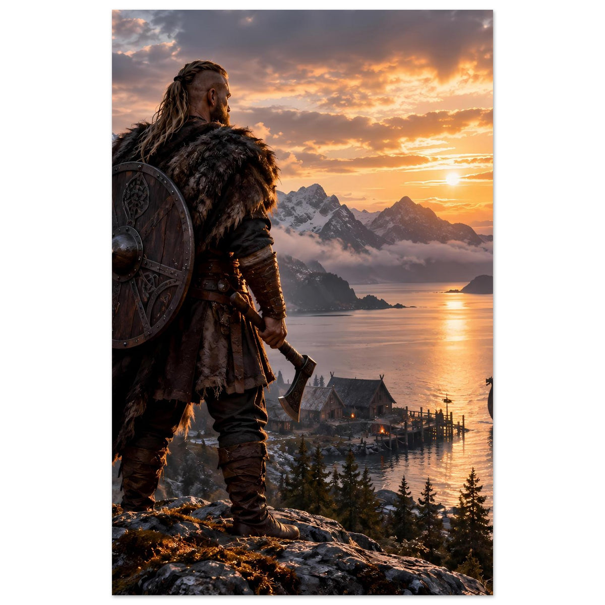 Wikinger-Poster im Hochformat: Wikingerkrieger mit Rundschild blickt über den Fjord