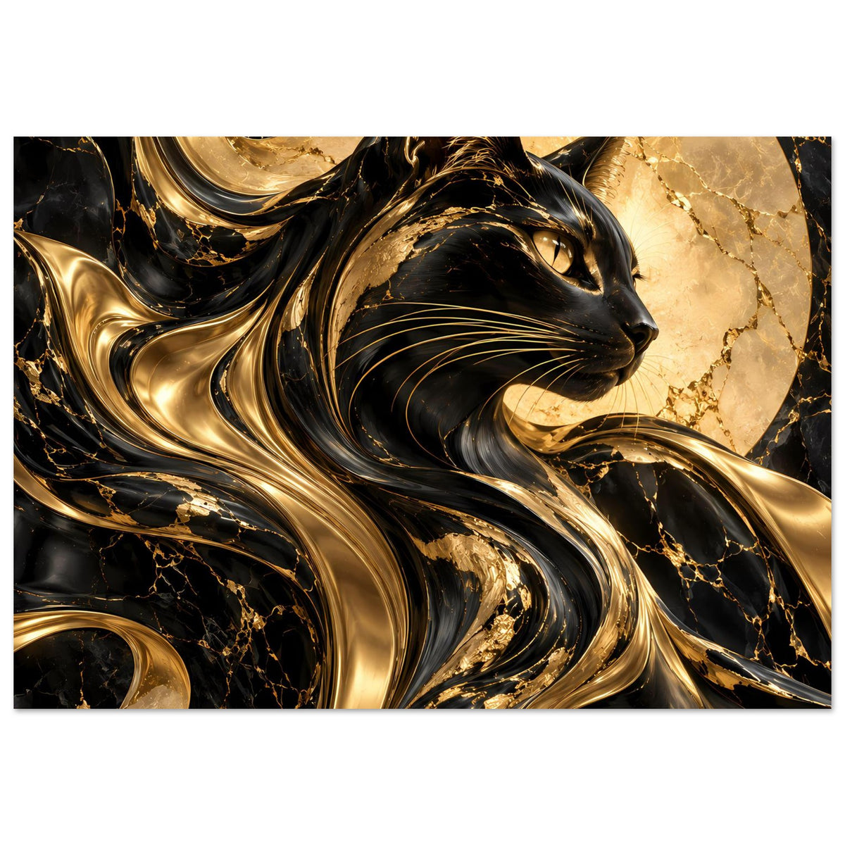 Poster mit Katzenmotiv in Gold und Schwarz, abstrakte Swirls, Querformat