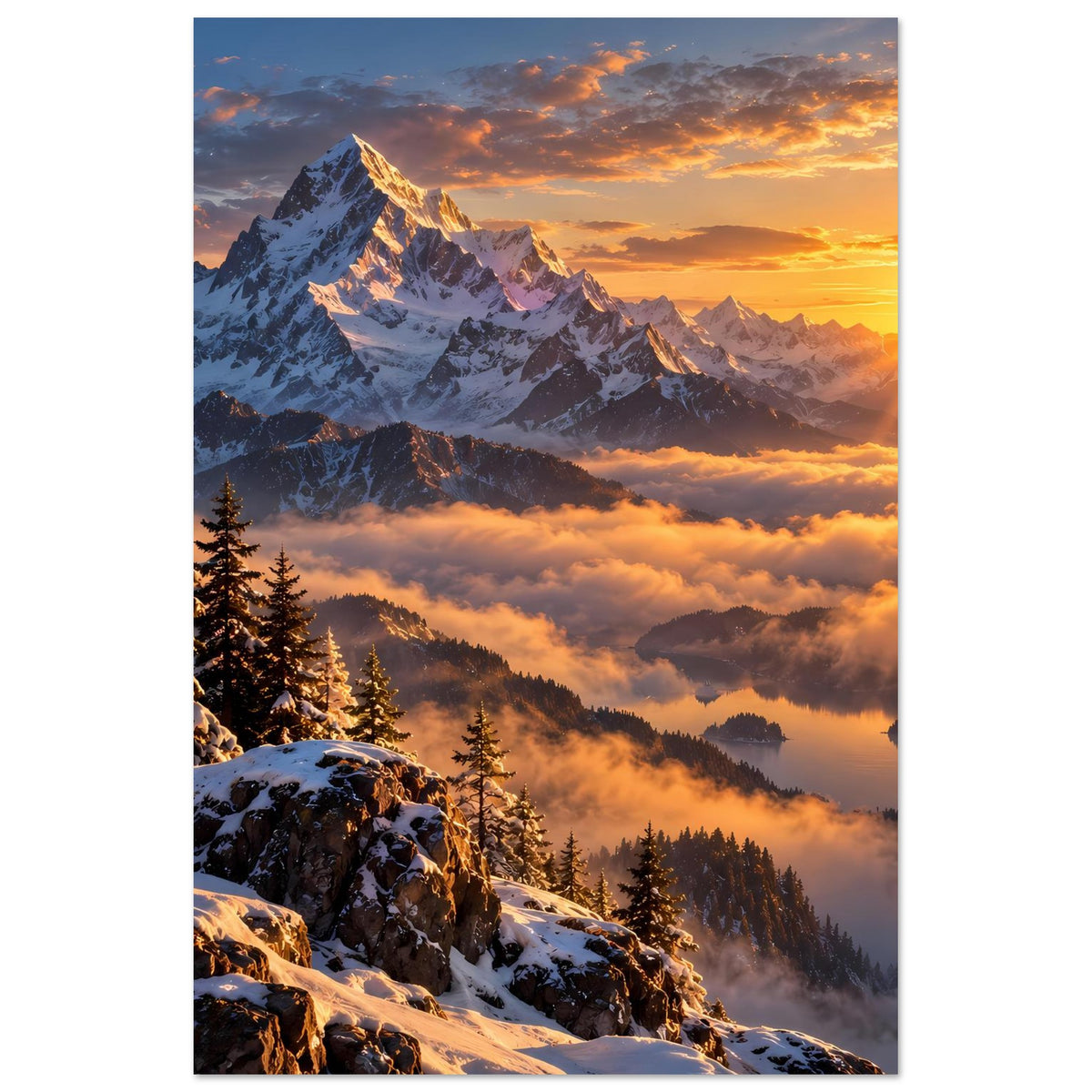 Vertikales Poster mit verschneitem Gipfel, orange-gelbem Sonnenaufgang und Nebelwellen