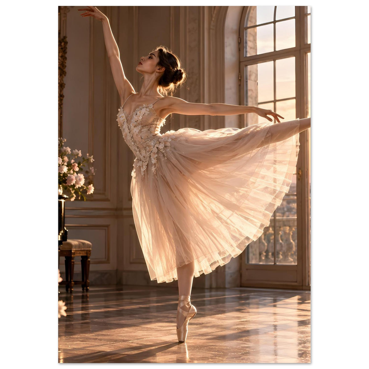 Poster: Ballerina im hellen Tüllkleid in Mittelpose, ausgestellter Rock, Blick nach oben