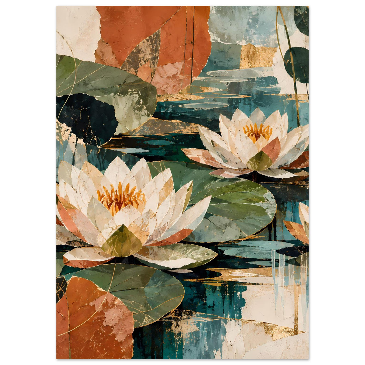 Botanisches Poster, Wasserlilien mit cremeweißen Blüten und orangefarbenen Staubfäden, grüne Blätter