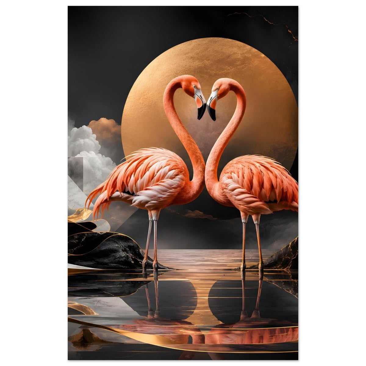 Flamingo-Kunstposter mit zwei Flamingos, goldenem Kreis und Spiegelung auf dunklem Wasser