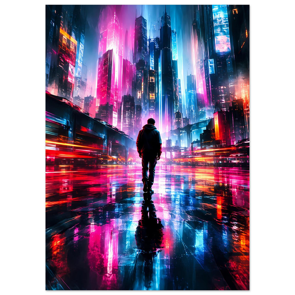 Cyberpunk-Stadtposter: Wolkenkratzer in Blau und Pink, Figur im Lichtschimmer