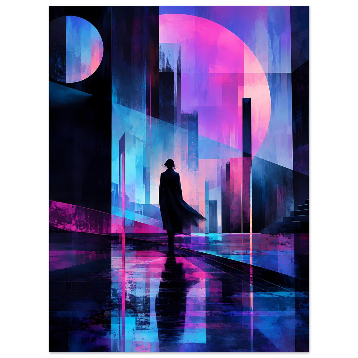 Neon-Nachtlandschaft-Poster, vertikale Ansicht: Personensilhouette vor leuchtenden Türmen, blau-pinkes Licht.