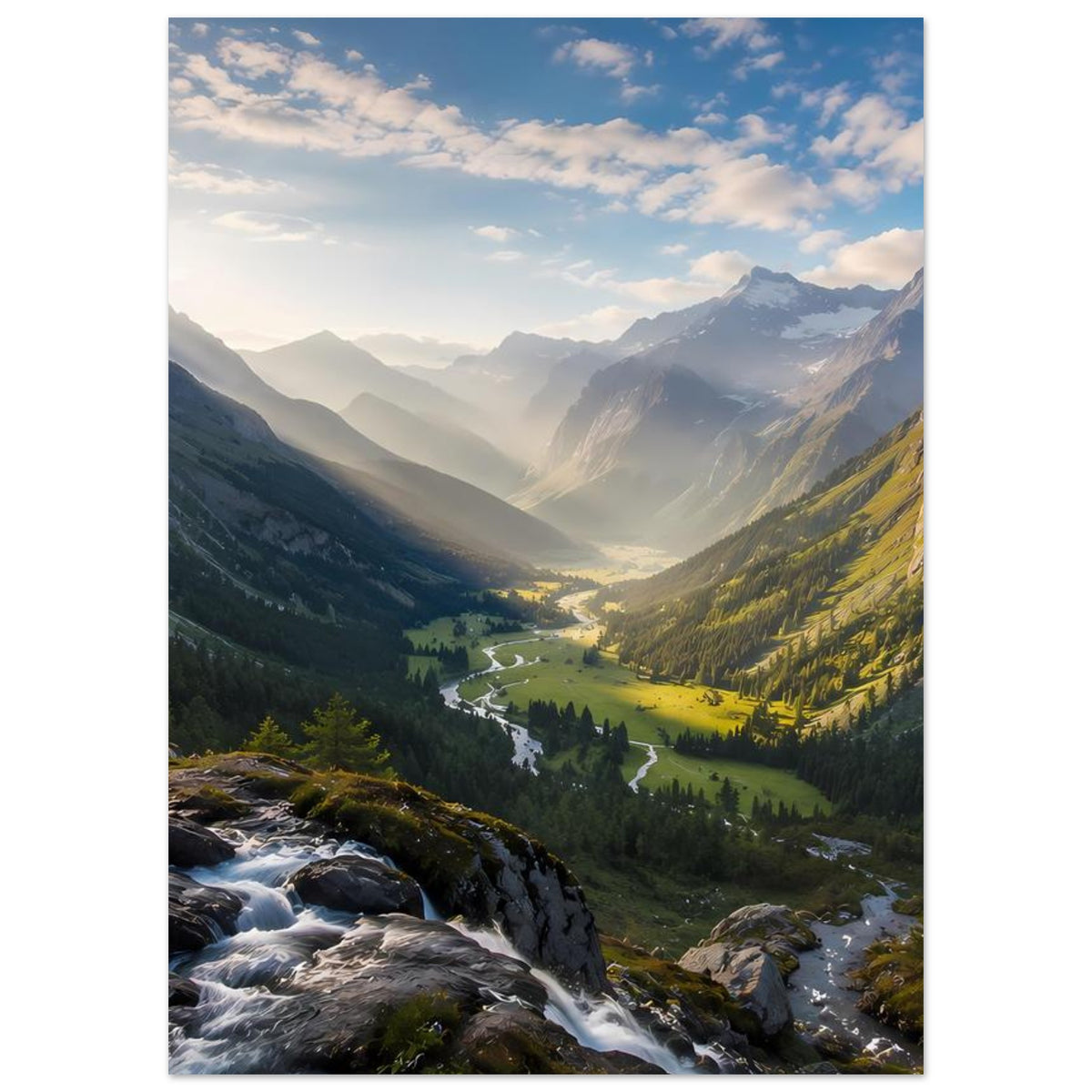 Poster im Hochformat mit Bergpanorama, Flusslauf durch das Tal und sonnigen Wolken