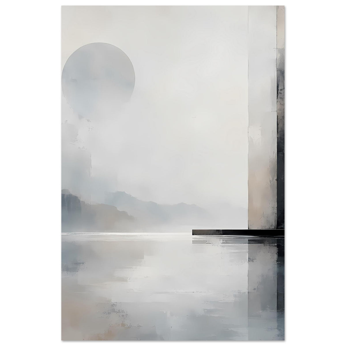 Monochromer Landschaftsposter (vertikal) mit Bergnebel, großer Halbmond-Form und dunkler Seitenfläche