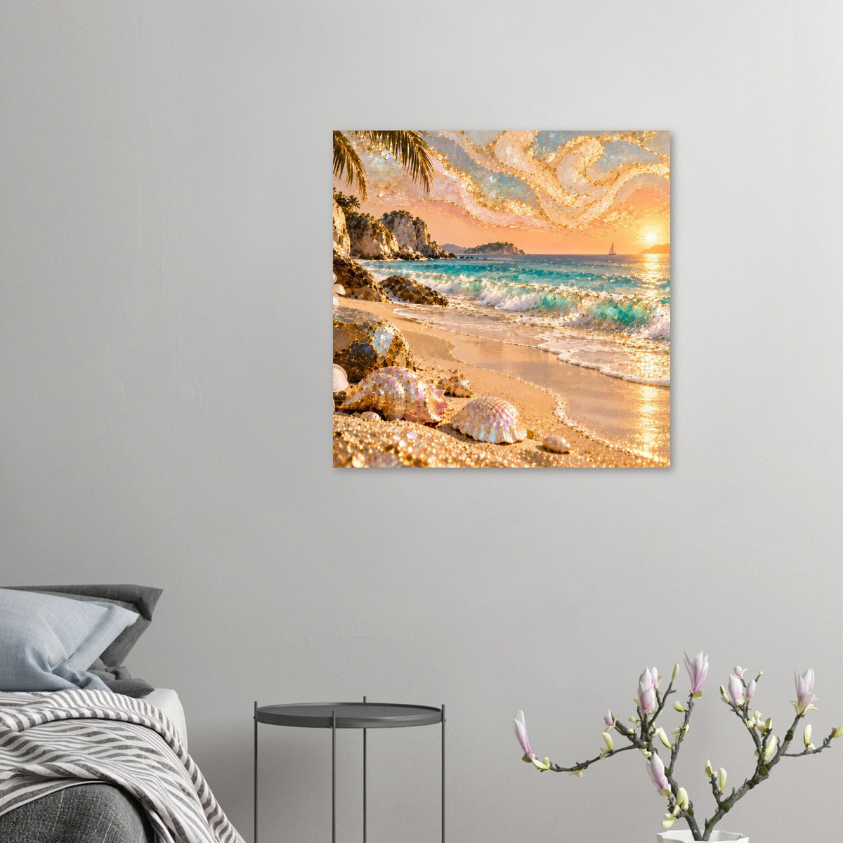 Wandposter mit Strandmotiv und goldenen Mosaik-Akzenten, Muscheln und Sonnenuntergang