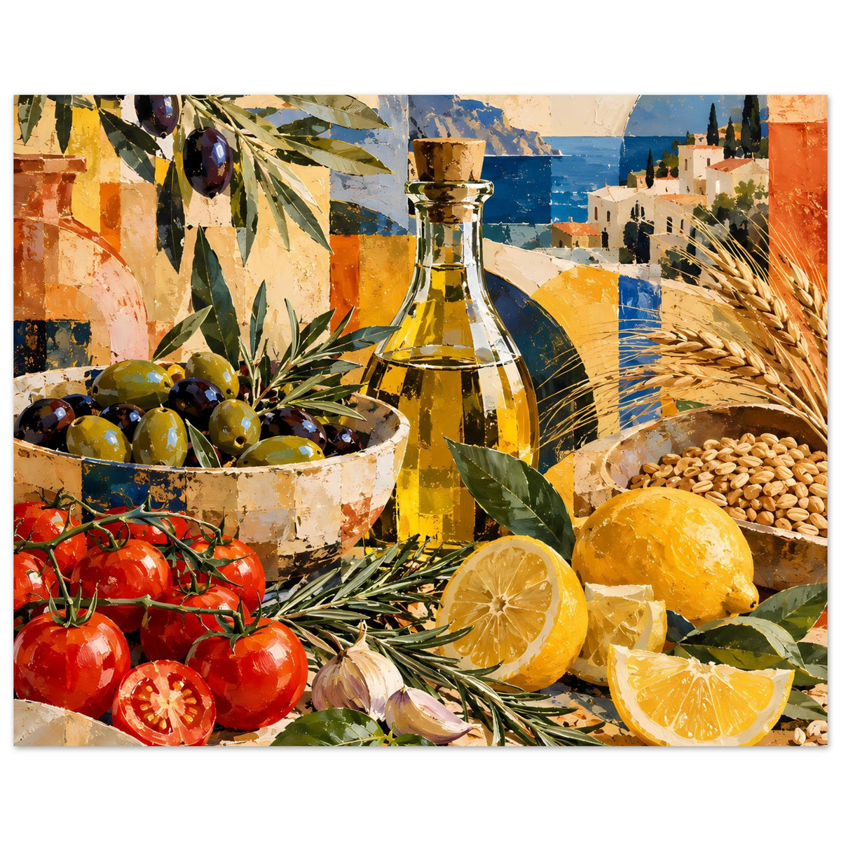 Poster mit Flasche, Oliven und Tomaten im Vordergrund, Zitronen und Weizen im Stillleben