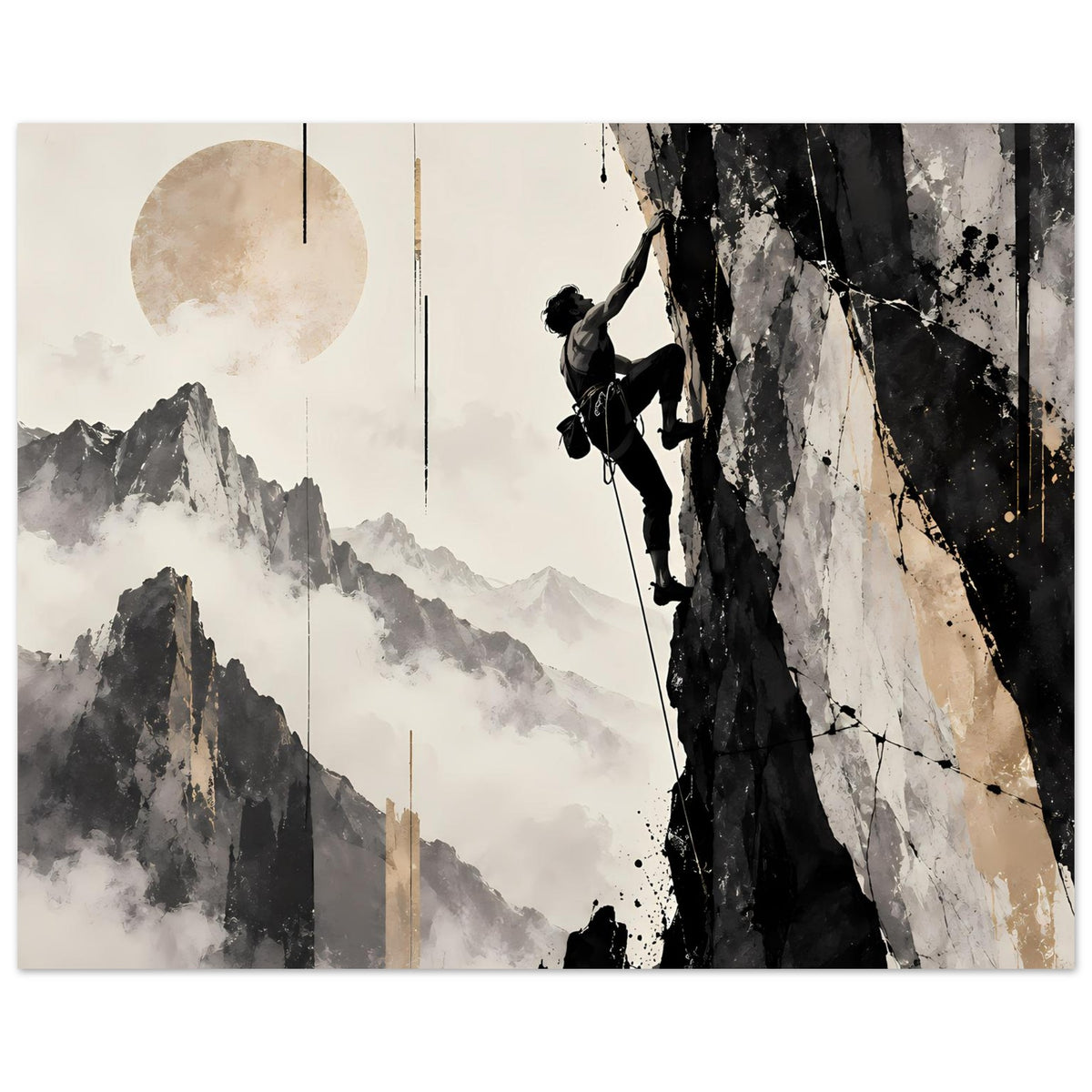 Horizontales Poster mit Bergsteiger am Fels, grau-schwarze Berge, Spritzakzente rechts