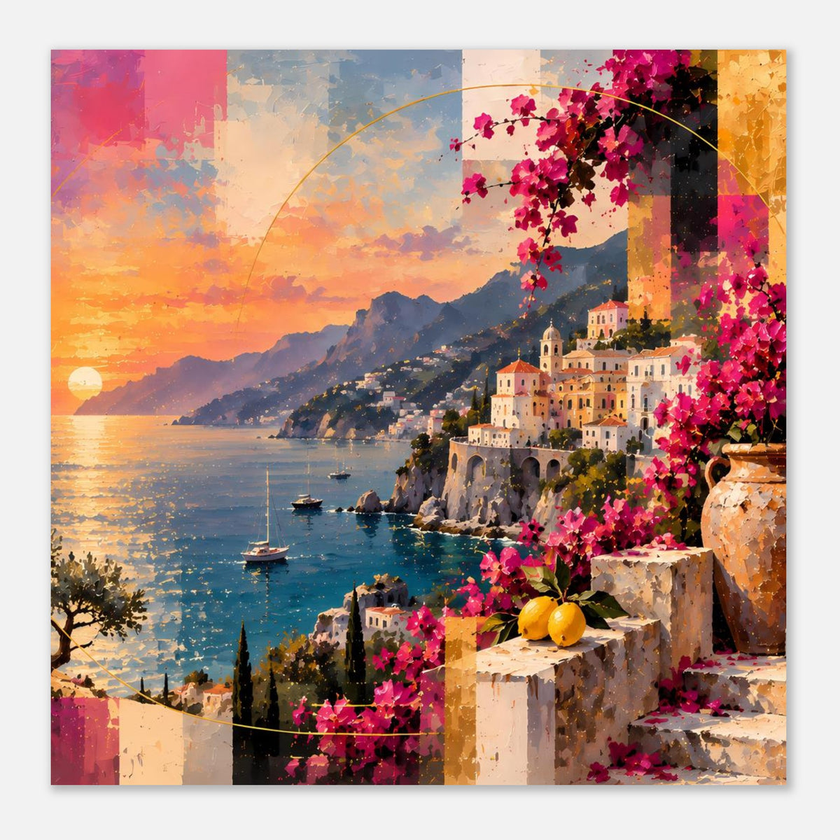 Poster mit Küstenlandschaft bei Sonnenuntergang, Boote, Häuser am Wasser, pinke Blumen und Steinmauer