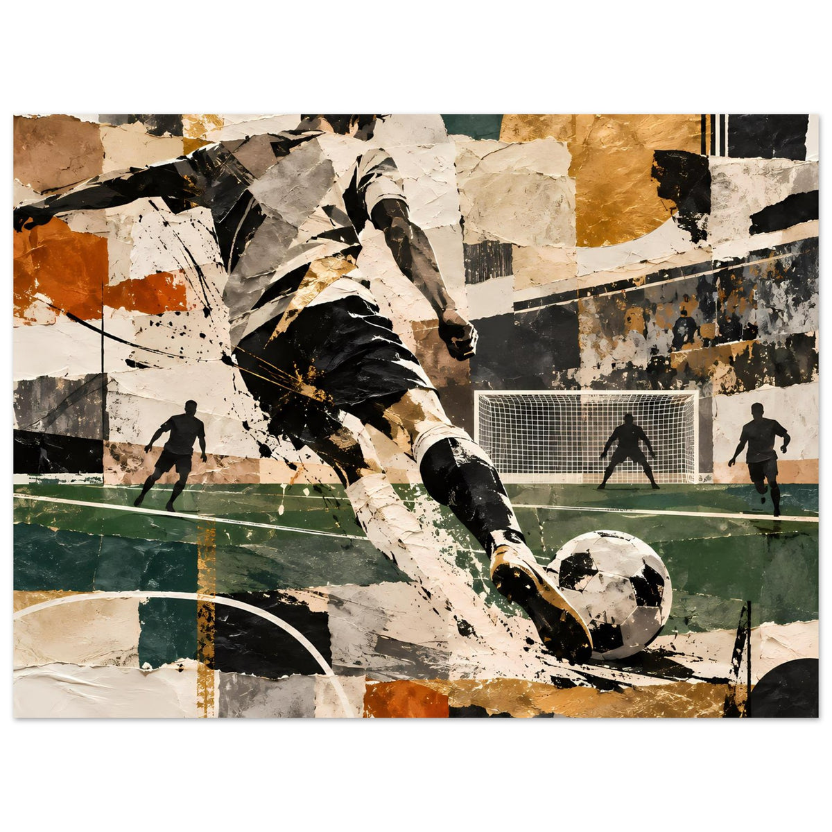 Fußball-Actionposter im Querformat: Kickender Spieler, Ball im Vordergrund, Collage mit Kontrastfarben.