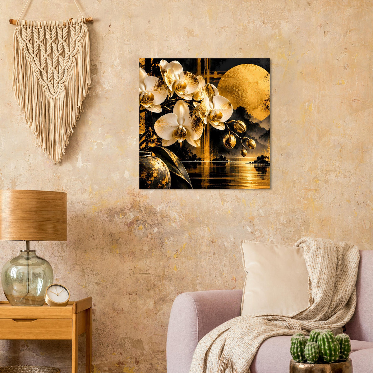 Quadratisches Wandposter mit goldenen Orchideen und rundem goldenem Mondmotiv
