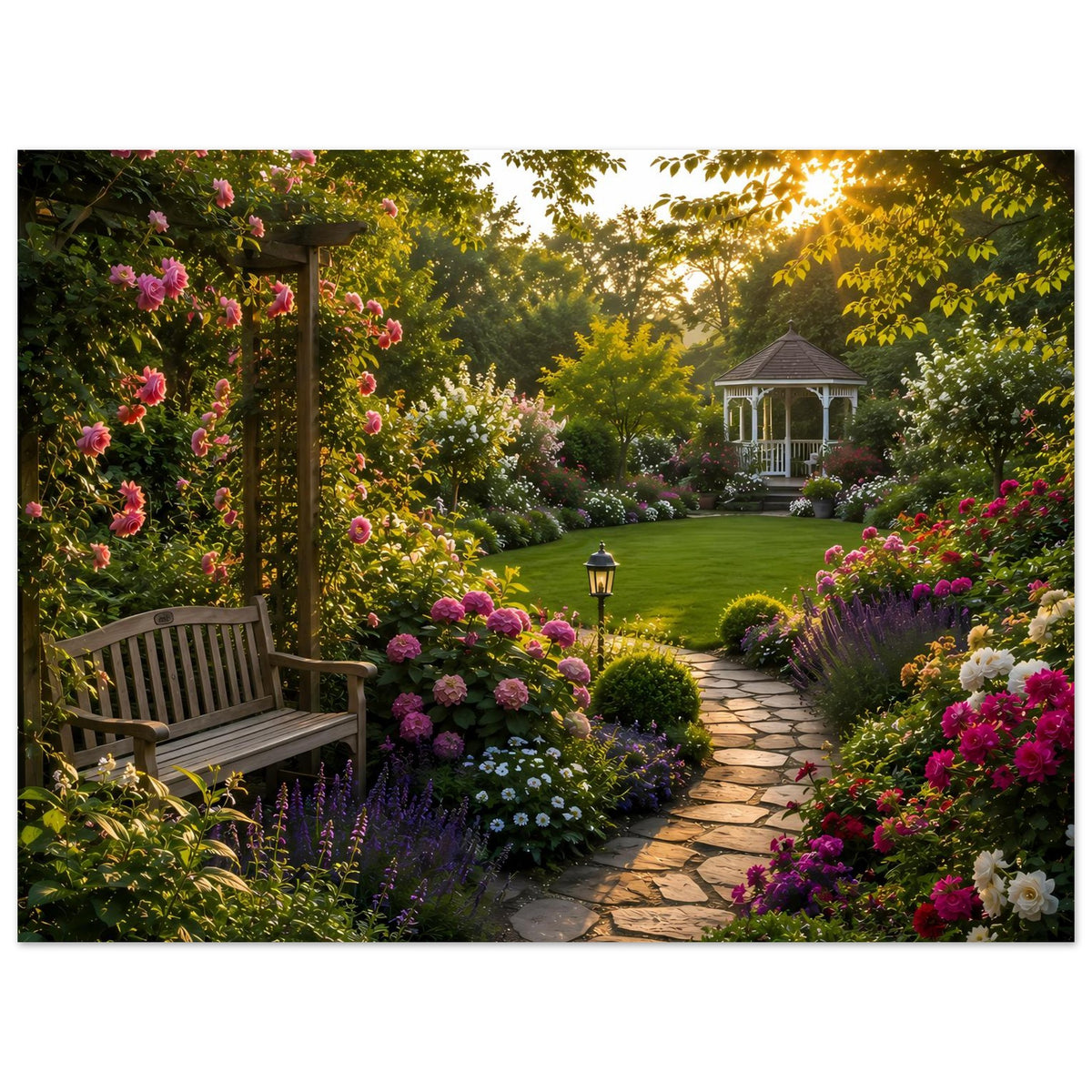 Gartenposter: Gartenlandschaft mit Blumenrabatten, Steinweg, Bank und Pavillon