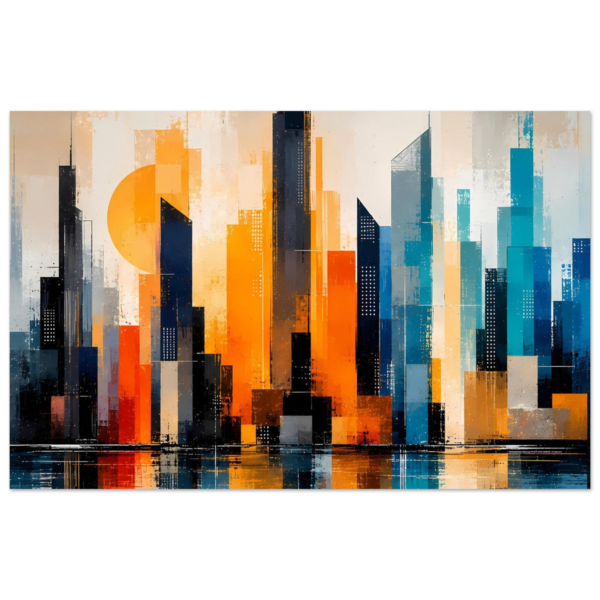 Abstraktes Skyline-Stadtposter in Orange und Türkis, breite Komposition mit Reflexion