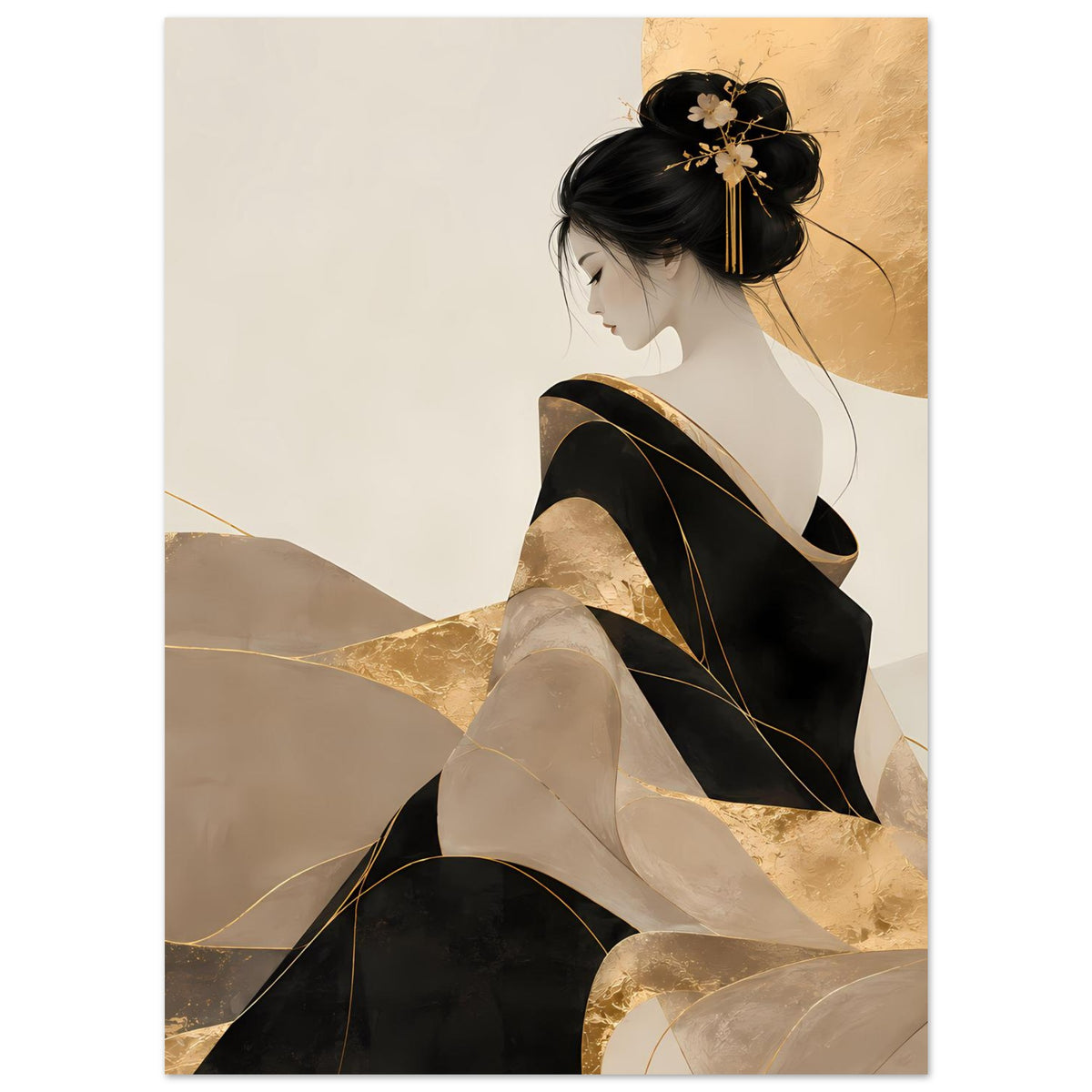 Kunstposter: Frauensilhouette mit goldenem Haarschmuck, schwarzes Gewand und weiche Goldverläufe