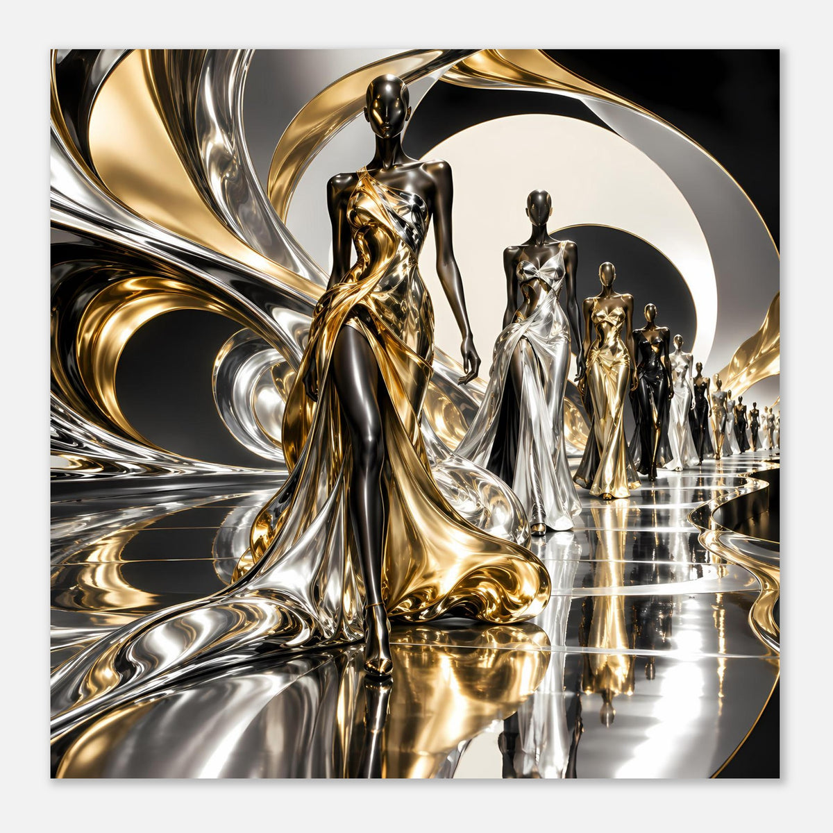 Gold-Silber Poster mit abstrakter Fluchtlinie, stehenden Figuren und goldenen Akzenten