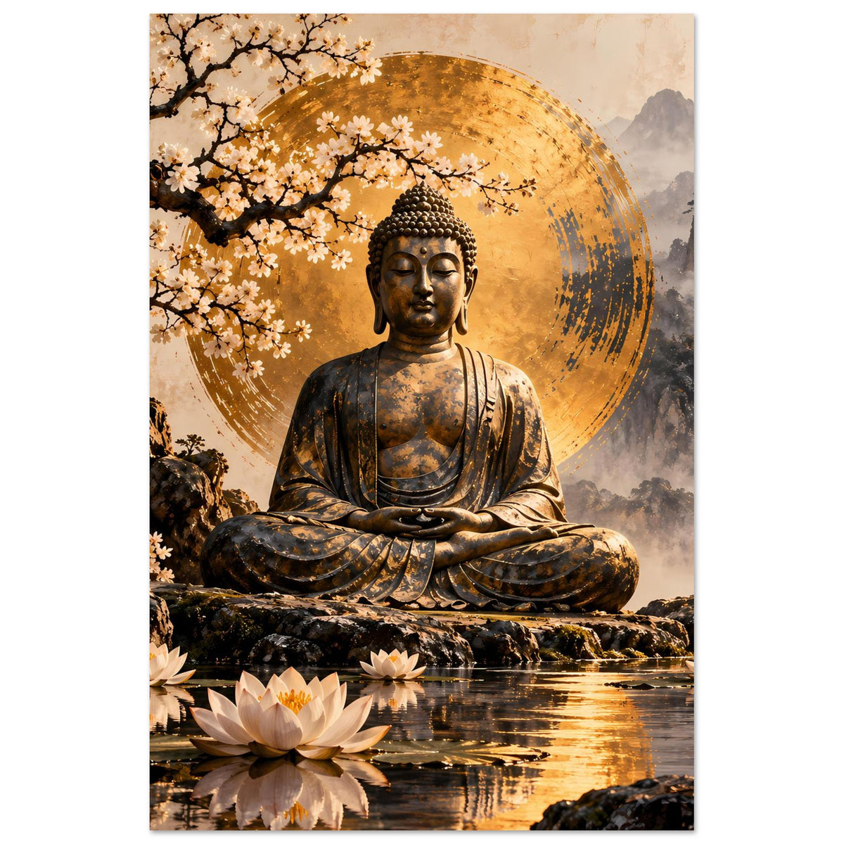 Meditierender Buddha mit goldener Aura, Kirschblüten und Lotusblumen im Vordergrund