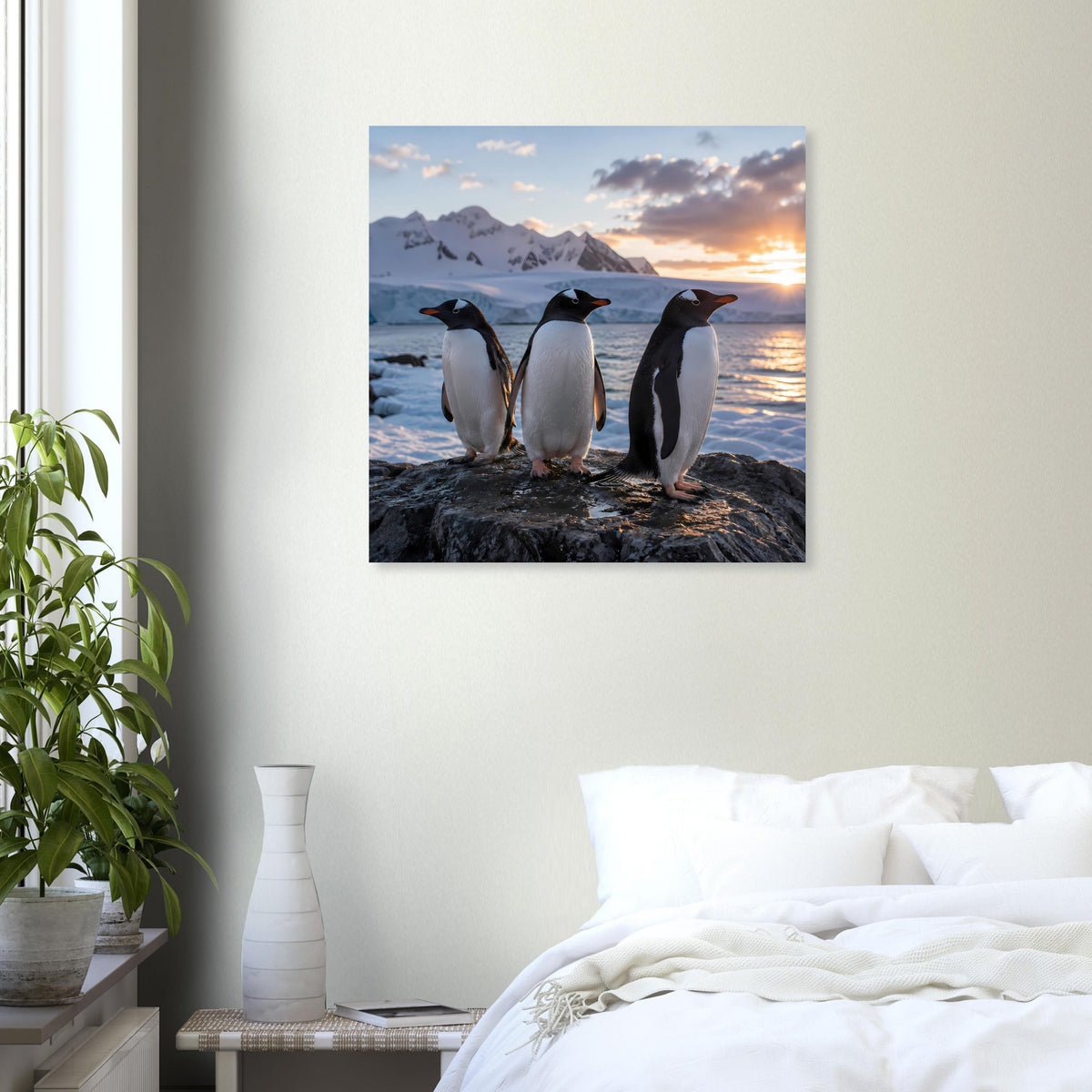 Quadratisches Wandposter: drei antarktische Pinguine auf Felsen vor Bergkulisse