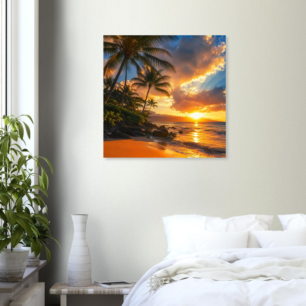 Quadratisches Wandposter mit Palmenstrand und Sonnenuntergang im warmen Orange