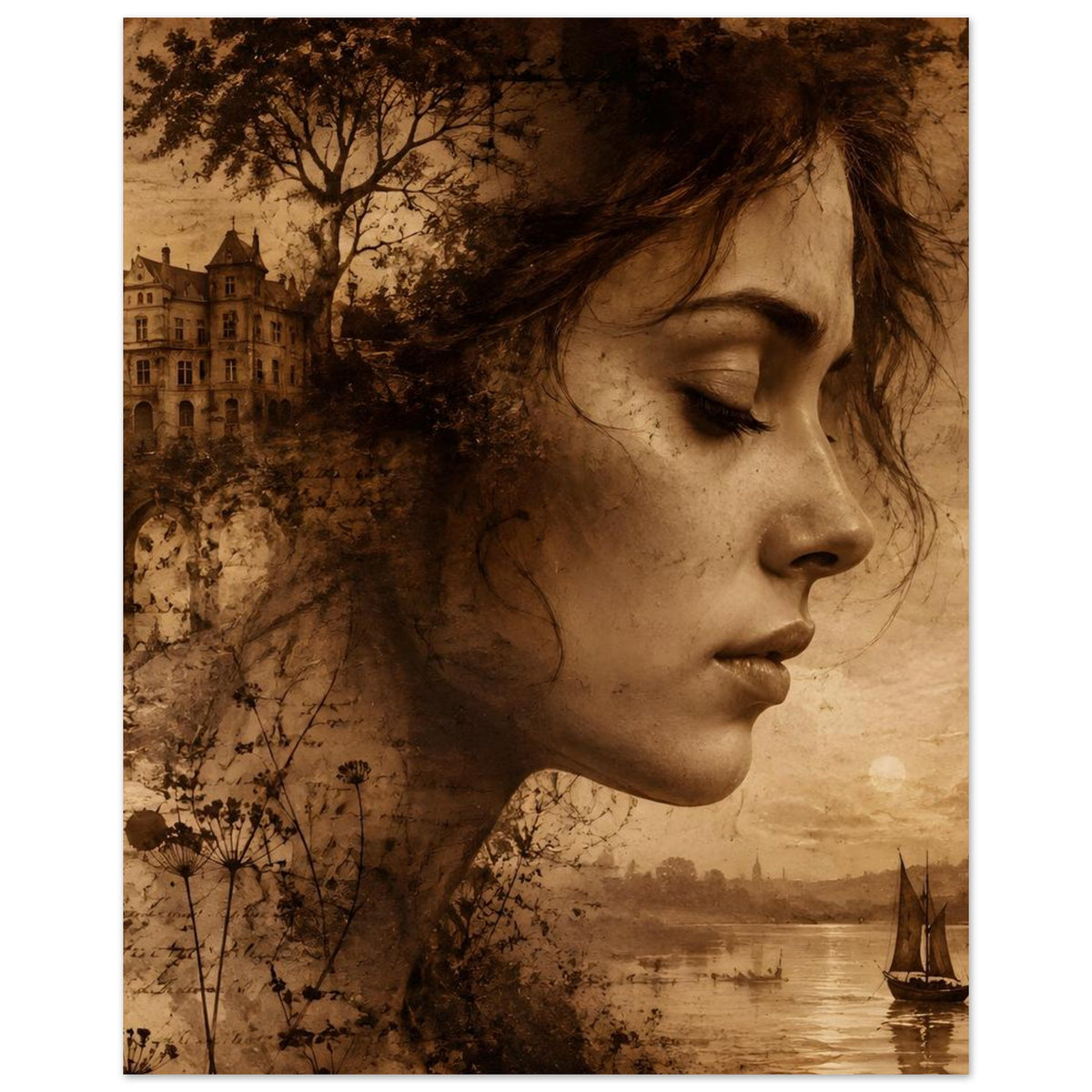 Sepiafarbenes Poster im Hochformat: Frauenporträt im Profil, Schloss, Pusteblumen, Boot