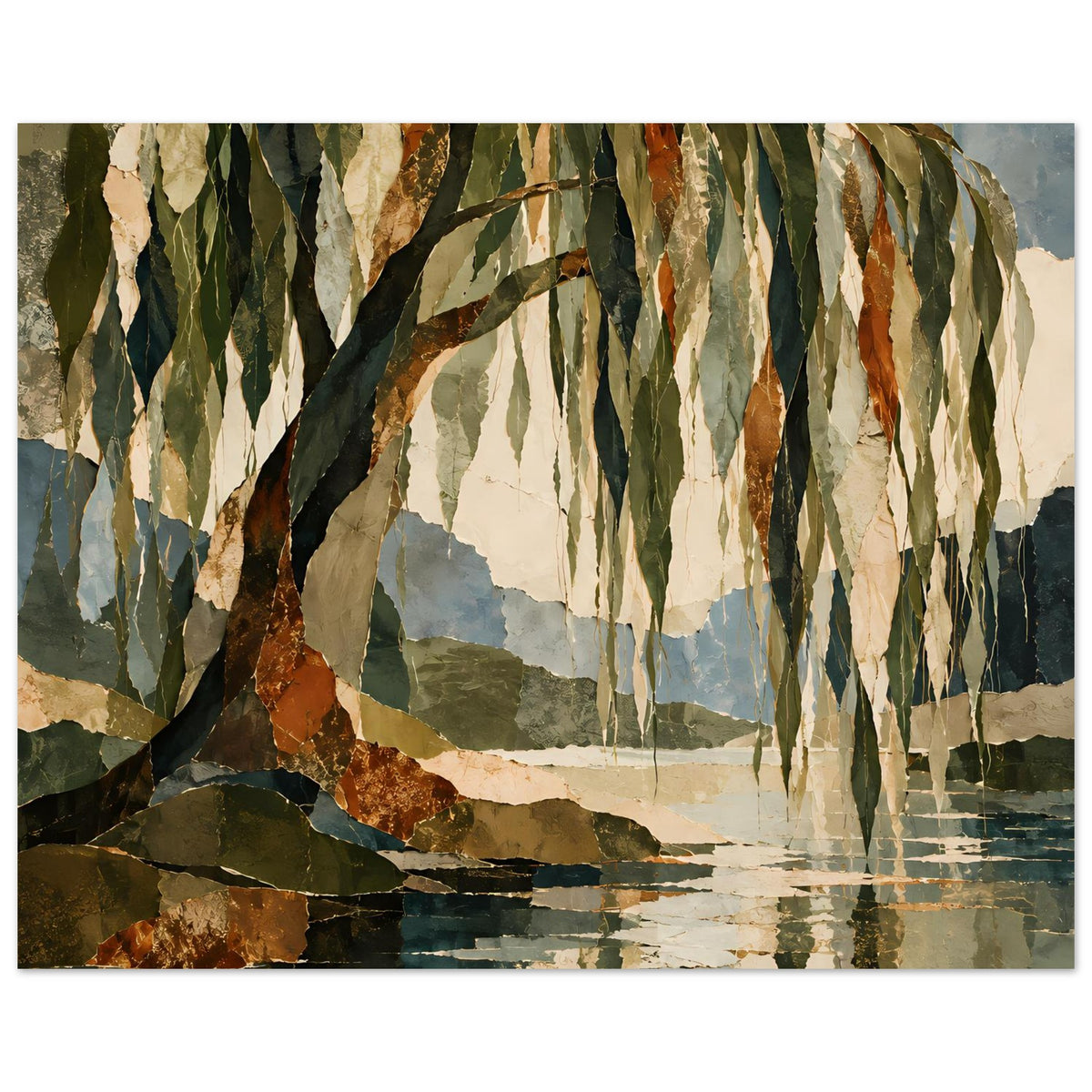 Querformat-Poster mit Bäumen am See, hängenden Blättern und reflektierender Wasserfläche